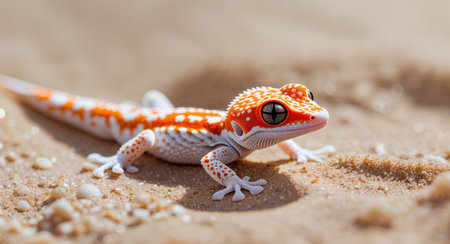AI Generated. A close up of a small orange and white gecko in the sandの素材