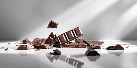 AI Generated. Broken chocolate bar pieces scattered on a clean surfaceの素材