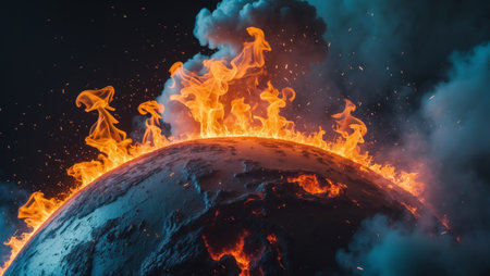 AI Generated. Burning planet engulfed in flames and smoke with a textured surface and glowing embersの素材