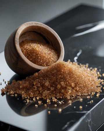 AI Generated. Brown sugar crystals spill from a small wooden bowl onto a dark surfaceの素材