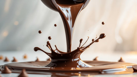 AI Generated. Chocolate cascading and splashing onto a pool of melted chocolateの素材