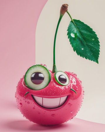 AI Generated. Cheerful cherry smiling with cucumber eyes on pink backgroundの素材