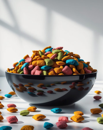 AI Generated. Colorful Dry Pet Food Kibble in Black Bowlの素材