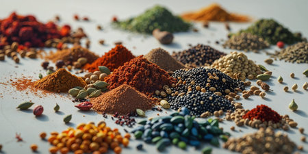 AI Generated. Colorful arrangement of diverse spices and seedsの素材