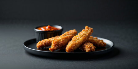 AI Generated. Crispy Chicken Strips with Golden Crust and Spicy Dipping Sauce on a Black Plateの素材