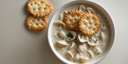 AI Generated. Creamy Clam Chowder Soup In Bowl With Crackersの素材