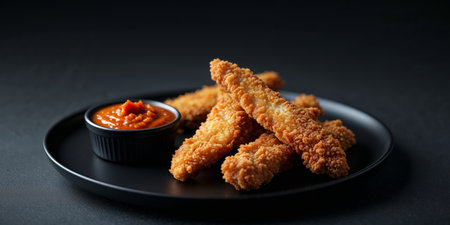 AI Generated. Crispy Chicken Strips with Golden Crust and Spicy Dipping Sauce on a Black Plateの素材