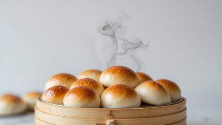 AI Generated. Delicious Golden Brown Steamed Buns in Bamboo Steamerの素材
