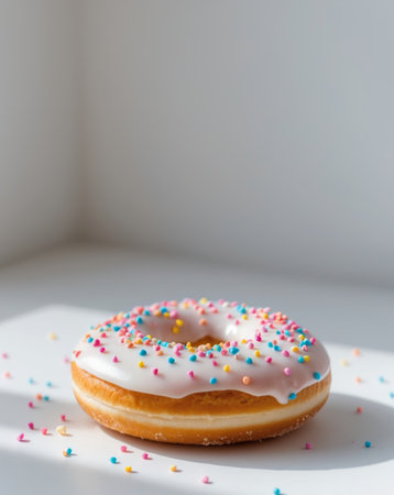 AI Generated. Donut with white icing and colorful sprinklesの素材