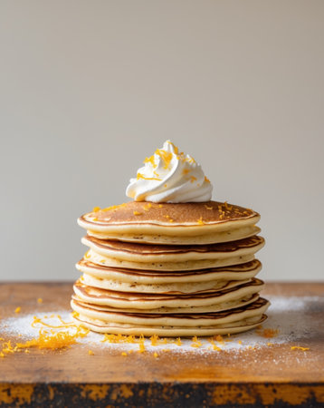 AI Generated. Delicious layered pancakes with whipped cream and orange zest on rustic tableの素材