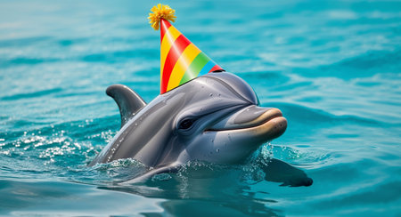 AI Generated. Dolphin wearing colorful party hat celebrating at the ocean surface with bright blue water backgroundの素材