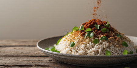 AI Generated. Delicious vegan meal of red brown and white rice with roasted green paprikaの素材