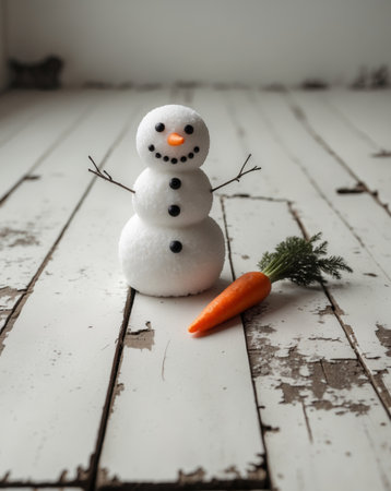 AI Generated. A cute snowman stands beside a carrot nose on the wooden floorの素材
