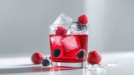 AI Generated. A glass of red drink with ice and berriesの素材