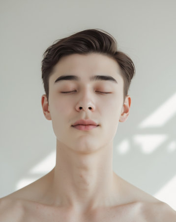 AI Generated. A Joyful Young Man Practicing Mindfulness with a Calm Expression and Peaceful Gazeの素材