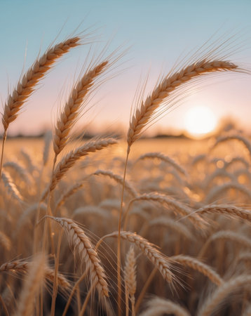 AI Generated. ears of golden wheat in the field at sunset lightの素材