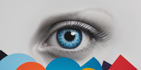 AI Generated. Eye surrounded by colorful geometric shapes reflecting emotion and depth in an abstract art pieceの素材