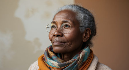 AI Generated. Elderly african female in winter attire with glasses and scarfの素材