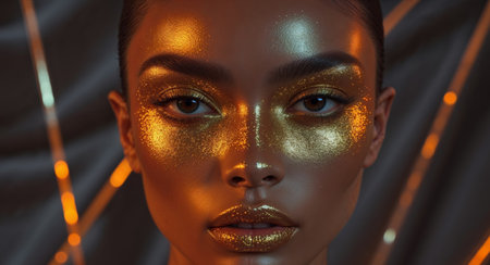AI Generated. Fashion model with golden glitter makeup and orange lights reflecting on faceの素材