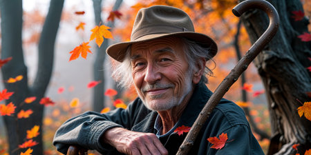 AI Generated. Elderly man wearing hat poses among colorful autumn foliage in a serene outdoor settingの素材