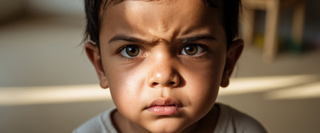 AI Generated. Expression of determination seen in a young child with intense eyes and an angry frown captured indoors during the late afternoonの素材