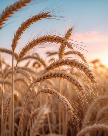 AI Generated. ears of golden wheat in the field at sunset lightの素材