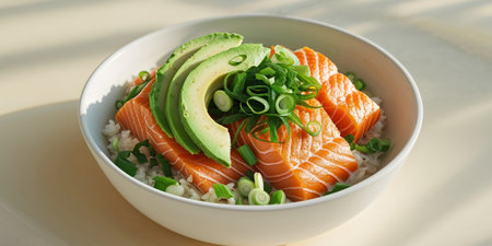 AI Generated. Fresh Salmon Poke Bowl with Avocado and Green Onions in White Bowl on Light Backgroundの素材