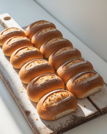 AI Generated. Freshly baked golden brown bread rolls on wooden boardの素材
