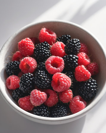 AI Generated. Freshly Harvested Raspberries and Blackberries Delightfully Mixed in a Bowl Ready to be Eatenの素材