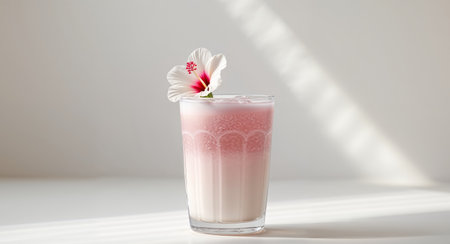 AI Generated. Glass of hibiscus vanilla almond milk cooler with flower garnish on topの素材