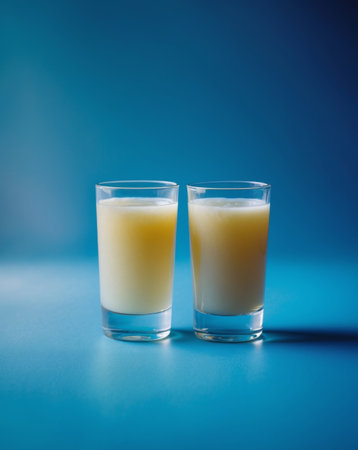 AI Generated. Glasses of fresh apple juice on blue backgroundの素材