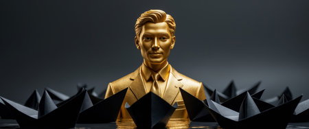 AI Generated. Golden Leadership in a Fleet of Black Paper Boats on Dark Backgroundの素材