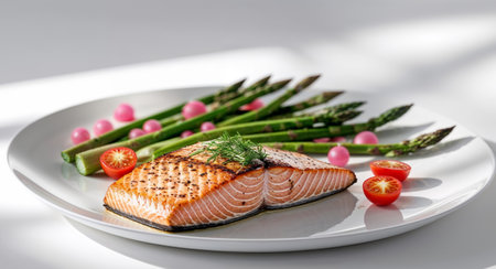 AI Generated. Grilled Salmon with Asparagus and Cherry Tomatoesの素材