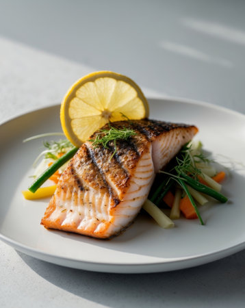 AI Generated. Grilled fish fillet with vegetables and lemonの素材