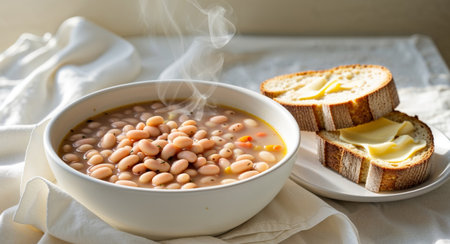 AI Generated. Hearty soup with beans served buttered bread slicesの素材