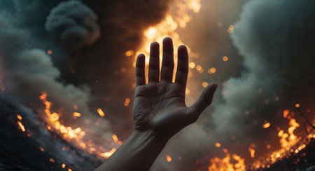 AI Generated. Hand Emerging from Flames with Intense Fire and Smoke Surroundingの素材