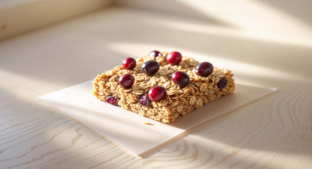 AI Generated. Homemade granola bar with cranberries and oats on a kitchen counterの素材