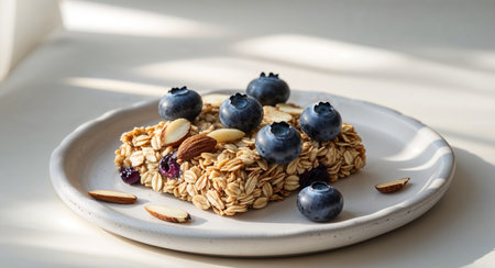 AI Generated. Homemade granola bar with berries and almonds on a plateの素材