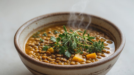 AI Generated. Hot Lentil Soup with Fresh Herbs in a Rustic Bowlの素材