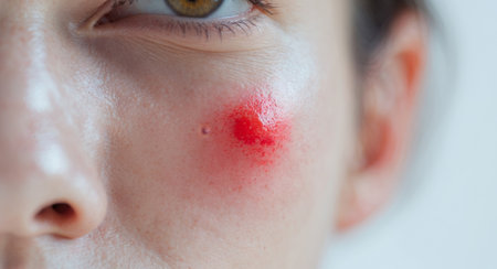 AI Generated. Inflammatory acne with red spot on face closeupの素材