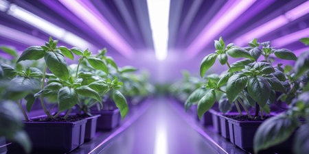AI Generated. Indoor hydroponic basil growth under led purple lighting in controlled environmentの素材