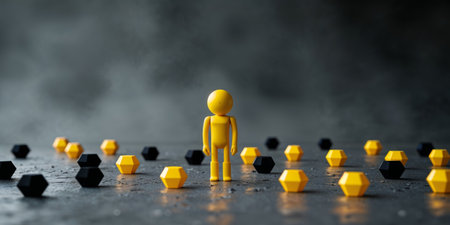AI Generated. Individual Yellow Figure Standing Out Amongst Multiple Black Hexagonal Shapes and Other Yellow Figures on a Textured Surfaceの素材