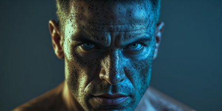AI Generated. Intense Man with Speckled Face in Blue Lightの素材
