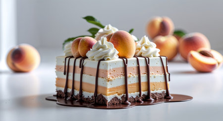 AI Generated. Layered Peach and Cream Dessert with Chocolate Drizzleの素材