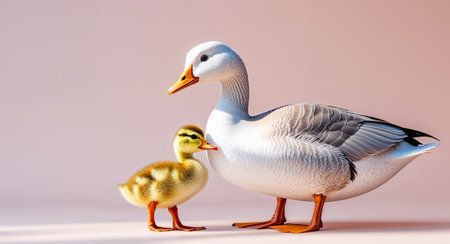 AI Generated. A mother goose and her baby duckling on a pink backgroundの素材