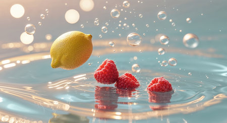 AI Generated. A lemon and two raspberries falling into the water with bubblesの素材
