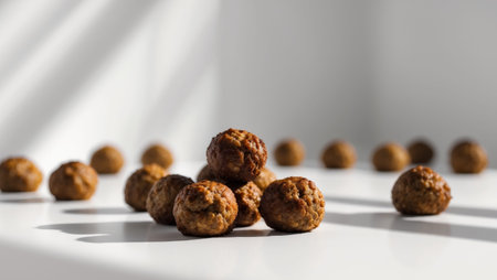 AI Generated. Meatballs arranged in small groups showcasing their browned exteriorの素材