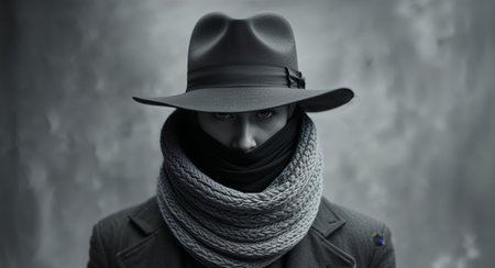 AI Generated. Mysterious Person in Hat and Scarf Hiding Faceの素材