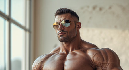 AI Generated. Muscular man wearing sunglasses poses confidently by a window in a bright room during daylight hoursの素材