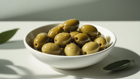 AI Generated. Pickled olives glistening in a ceramic bowl offer a tangy and savory treatの素材